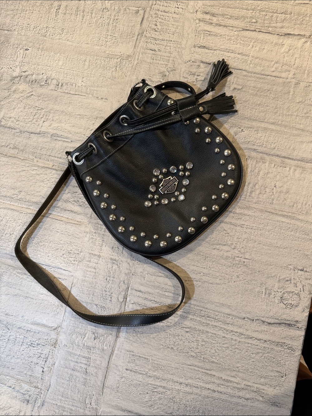 Harley-Davidson Black Leather Studded Crossbody Pouch